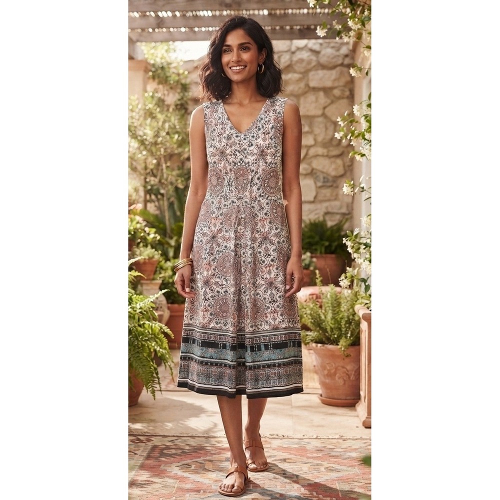 Monsoon Medallion Exotic Print Sleeveless Midi Dress Size 8 Stretch V-Neck Boho